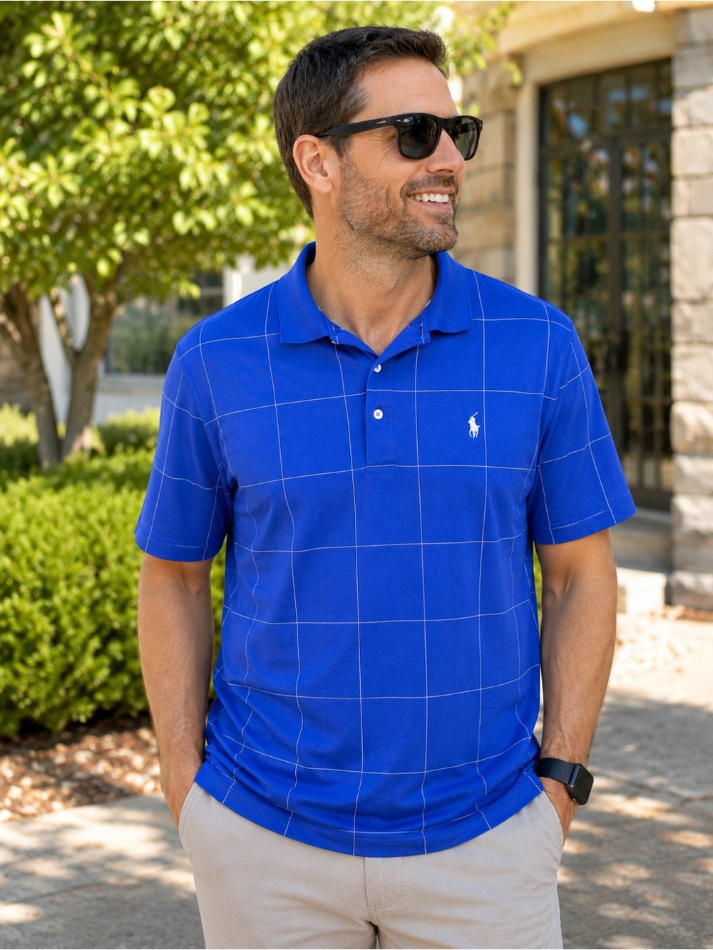 Polo Golf Ralph Lauren Men’s L Blue White Windowpane Grid Polo Shirt Cotton Golf